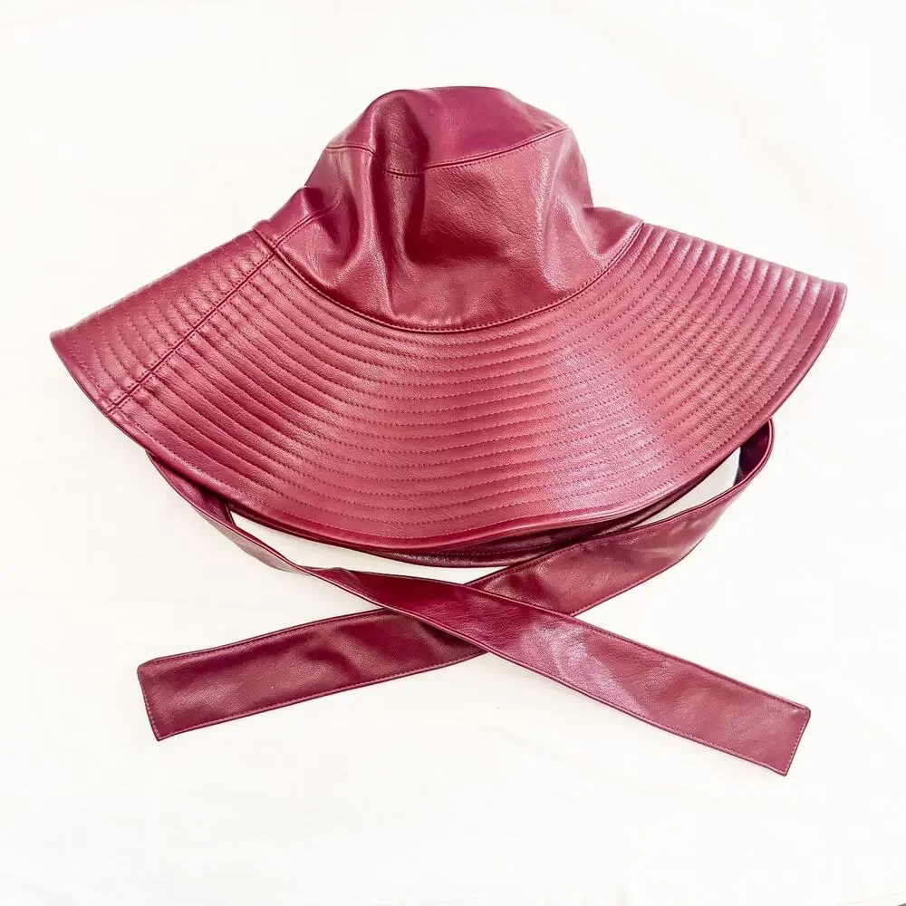 & Other Stories Burgundy Faux Leather Bucket Hat Wide Topstitch Brim Side Straps